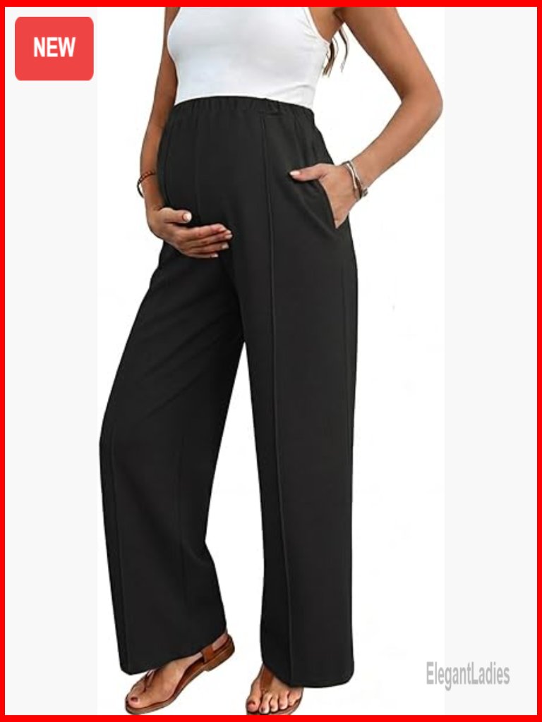 Maternity Work Pants Adjustable Waist Wide Leg Waffle Knit Trousers